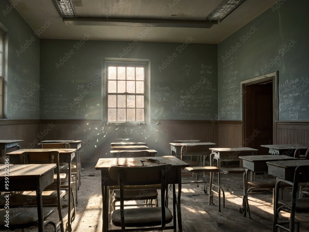 Fototapeta premium abandoned school, Emotional, with a focus on the empty, decaying classroom symbolizing lost memories.