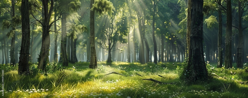 Naklejka premium Sunlit forest glade with tall trees, 4K hyperrealistic photo