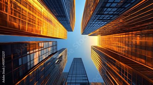 Abstract bottom-up view of modern skyscrapers in the city