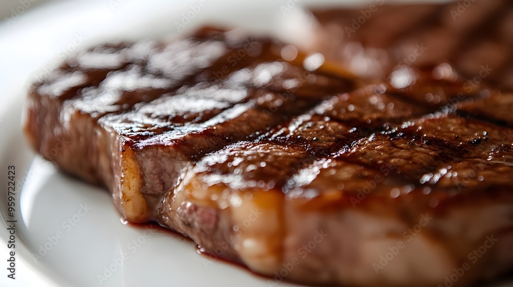 Close-Up of a Juicy Grilled Steak on a White Plate. Close-Up of a Juicy Grilled Steak on a White Plate.