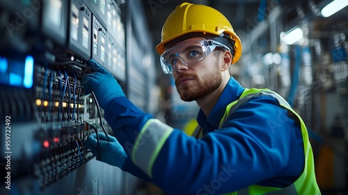 Engineer Inspecting Electrical Wiring at a Power Plant: An engineer in safety gear checks electrical systems and wiring in a control room of a power plant.