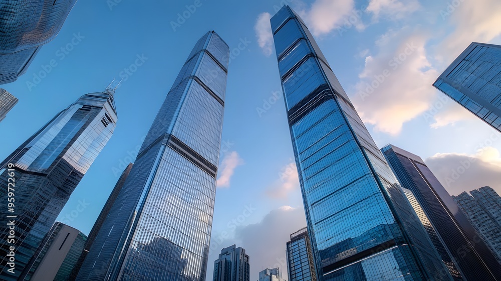 Naklejka premium Stunning shot of skyscrapers from below, low-angle perspective, golden-hour lighting