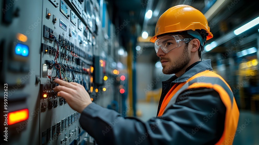 Engineer Inspecting Electrical Wiring at a Power Plant: An engineer in safety gear checks electrical systems and wiring in a control room of a power plant. Engineer Inspecting Electrical Wiring at a Power Plant: An engineer in safety gear checks electrical systems and wiring in a control room of a power plant.
