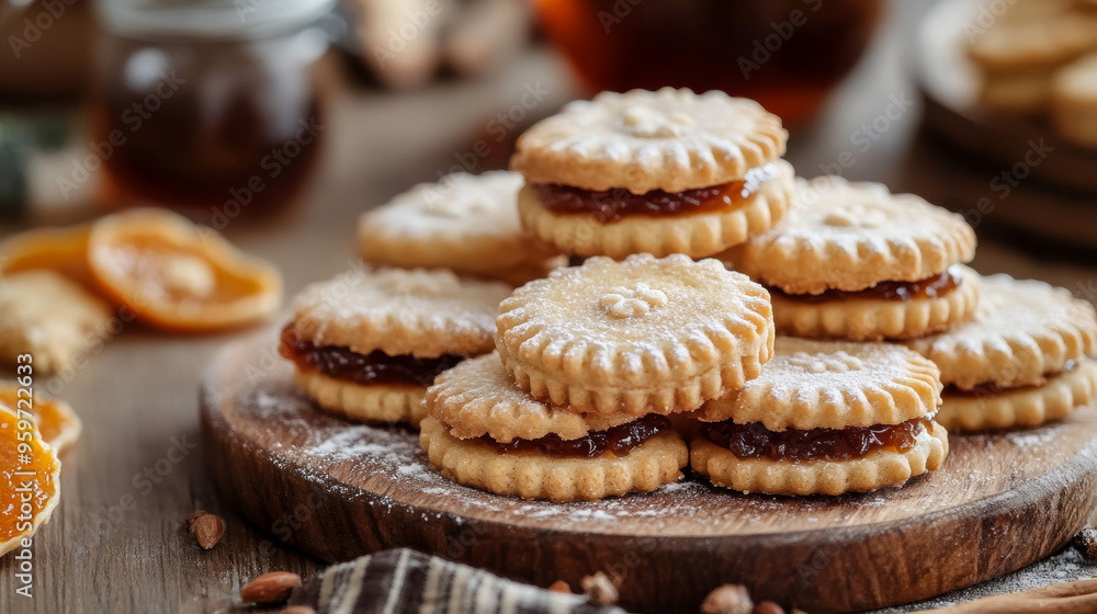 Homemade cookies filled with marmalade, displayed on a pretty board. Homemade cookies filled with marmalade, displayed on a pretty board.