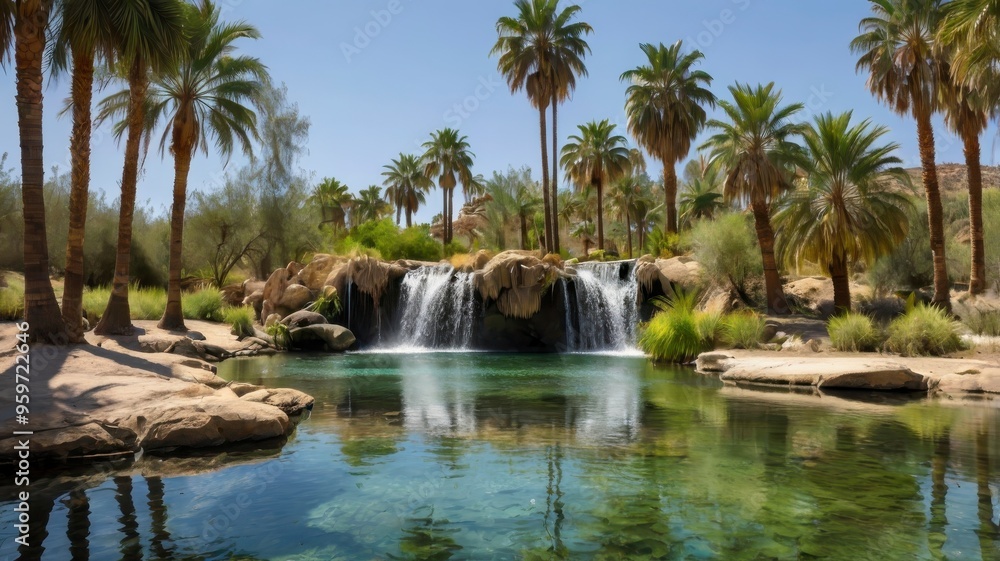 Transparent background oasis palm trees, pond, waterfall Transparent background oasis palm trees, pond, waterfall