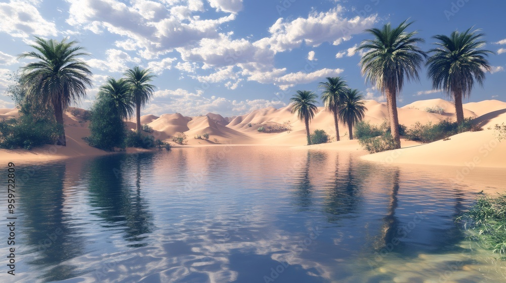 Palm trees stand tall next to a calm oasis in a desert landscape. The water reflects the blue sky and clouds above. Palm trees stand tall next to a calm oasis in a desert landscape. The water reflects the blue sky and clouds above.