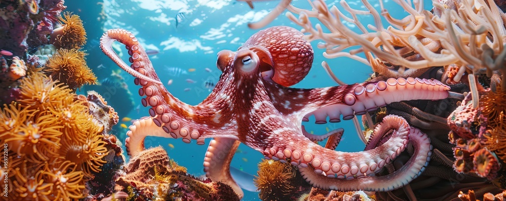 Obraz premium Octopus camouflaged against coral backdrop, 4K hyperrealistic photo