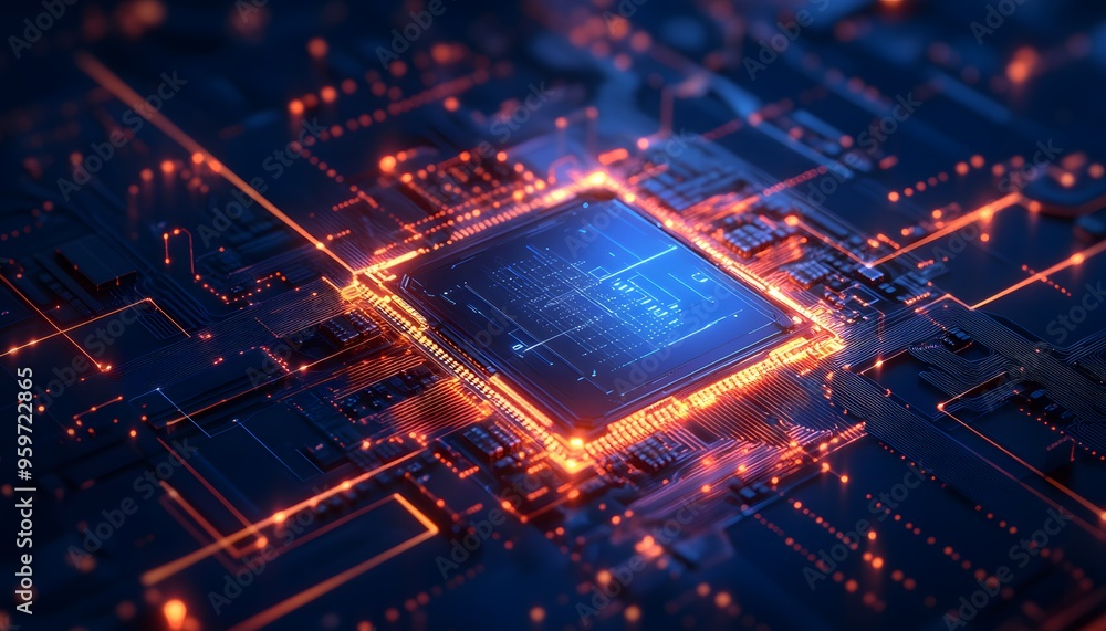 Fototapeta premium Illuminated Microchip Embedded on Circuit Board with Orange Lines