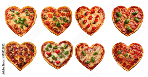 Heart shaped pizzas in multiple variations isolated on transparent backgroundHeart Shaped Pizza photo