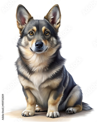 Illustration of Digital Painting of Swedish Vallhund sitting, full body