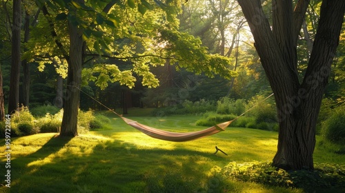 A hammock stretches between two trees the sun casting a dappled light across the vibrant green grass in a secluded forest nook