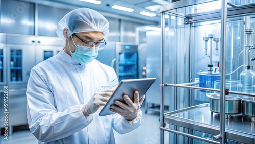 Researcher in a sterile lab using a digital tablet to control bioengineered cell cultures photo