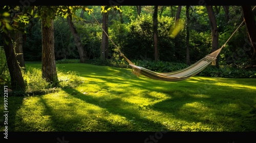 A hammock stretches between two trees the sun casting a dappled light across the vibrant green grass in a secluded forest nook