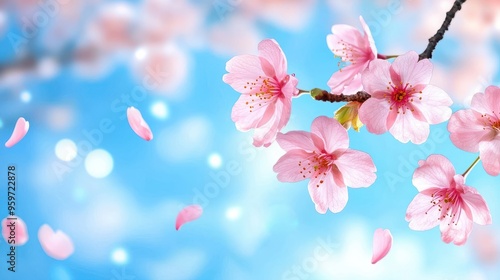 Serene Beauty of a Blooming Cherry Blossom Tree Capturing Floating Petals Dancing in Spring Breeze