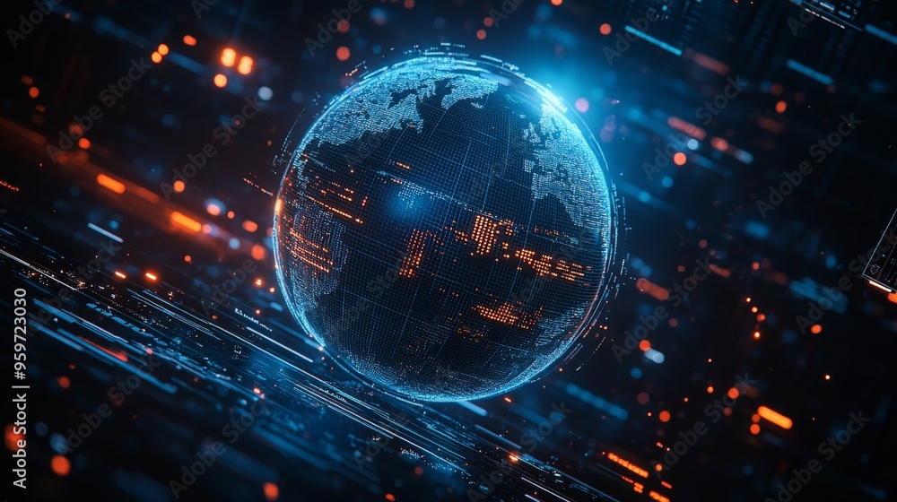 Digital World Map with Glowing Grid and Global Connections Digital World Map with Glowing Grid and Global Connections