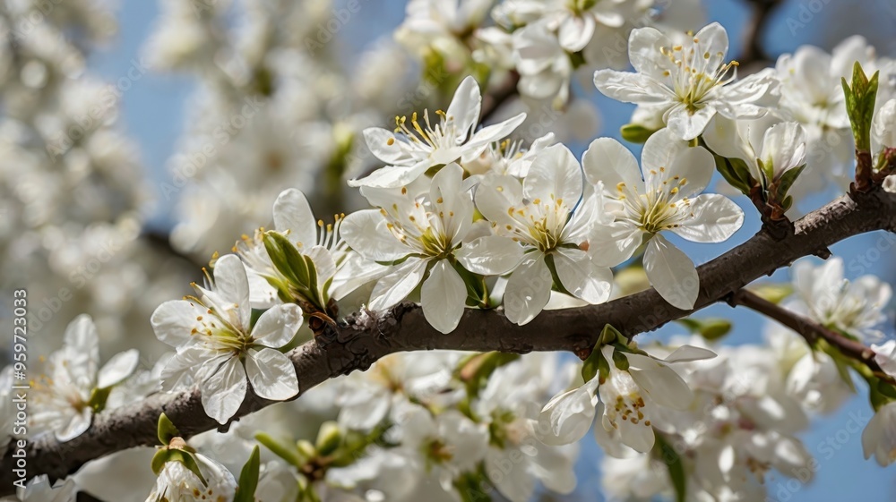 Tree branch adorned with white spring flowers Tree branch adorned with white spring flowers