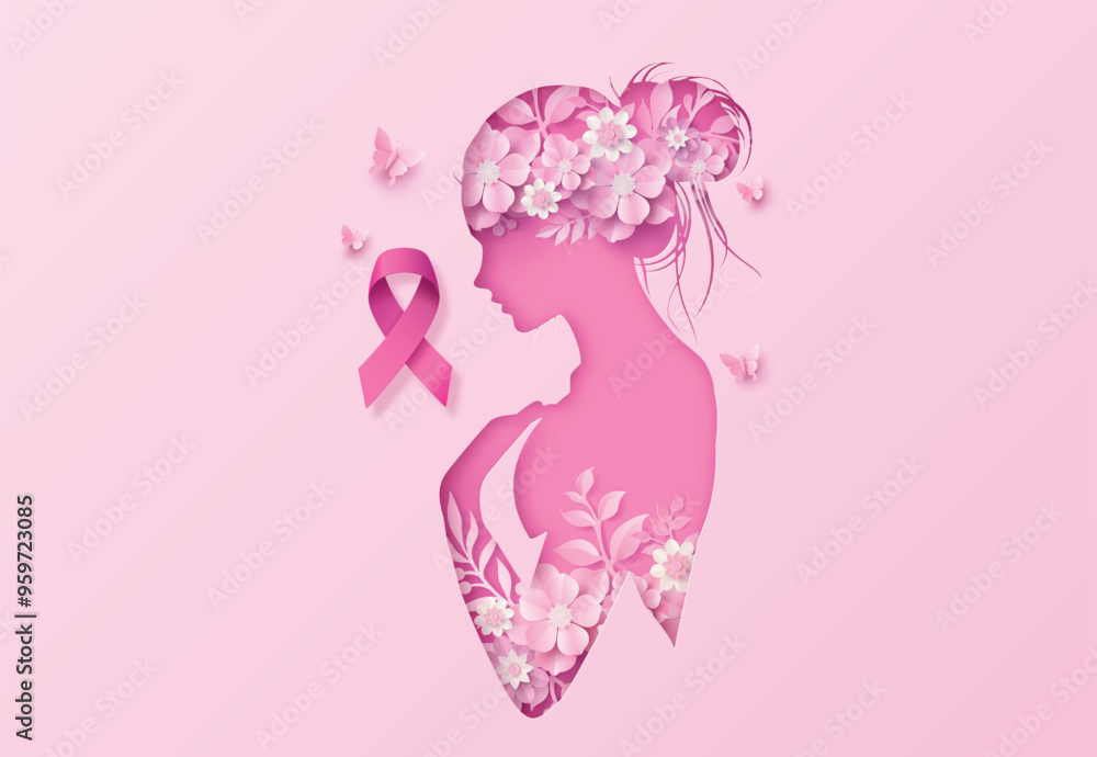 Pink Ribbon Woman Silhouette with Floral Design Pink Ribbon Woman Silhouette with Floral Design