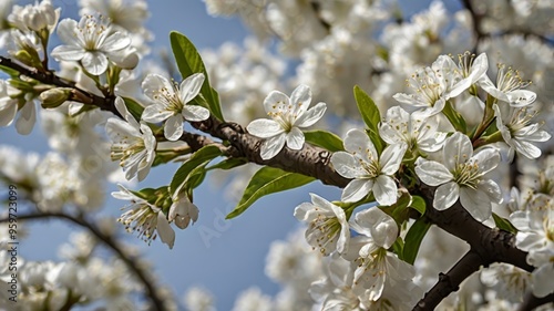 Tree branch adorned with white spring flowers 