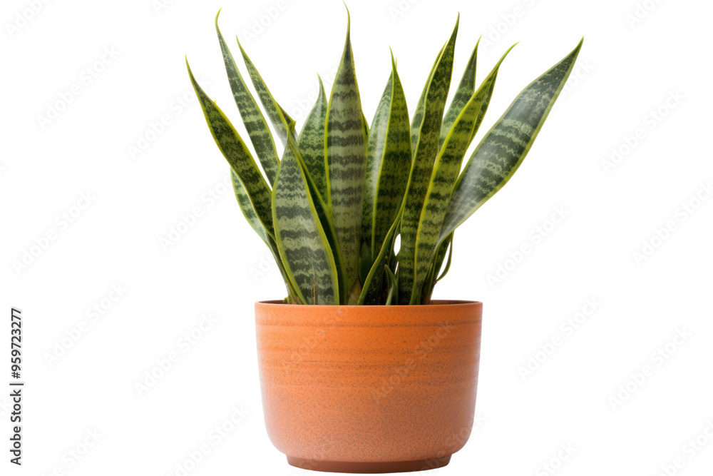 A vibrant snake plant with sharp, upright leaves in a terracotta pot, isolated on white background A vibrant snake plant with sharp, upright leaves in a terracotta pot, isolated on white background