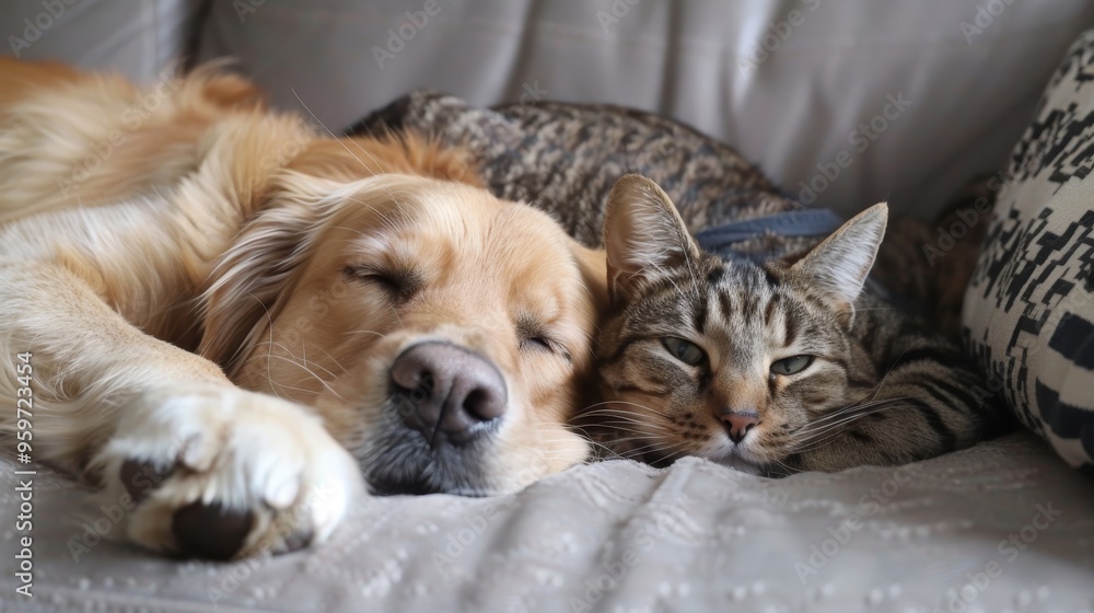 Golden retriever and tabby cat lying together exemplifying interspecies friendship and comfort Golden retriever and tabby cat lying together exemplifying interspecies friendship and comfort