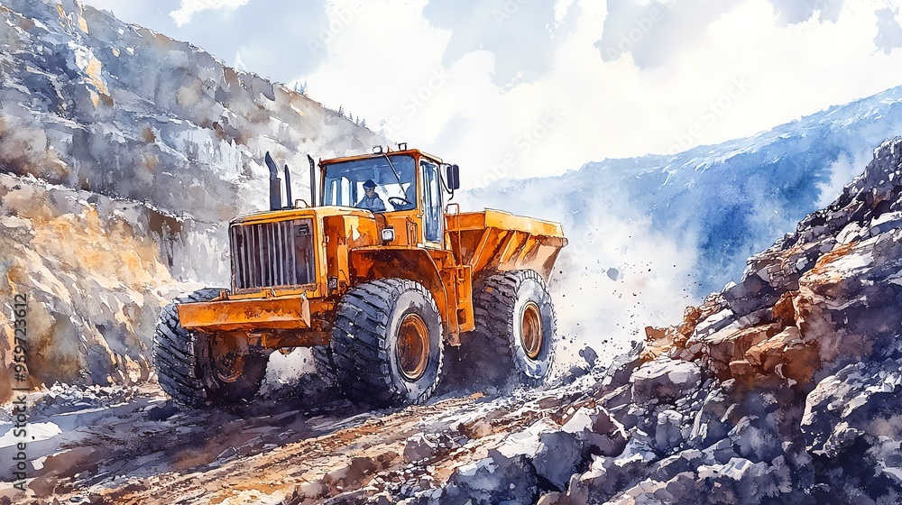 Grader in a quarry, shaping the rugged landscape, watercolor style