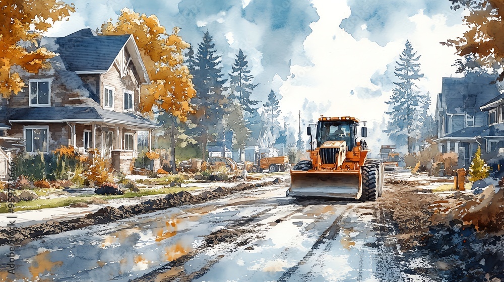 Grader in a suburban neighborhood, smoothing out new roads, peaceful scene, watercolor style Grader in a suburban neighborhood, smoothing out new roads, peaceful scene, watercolor style