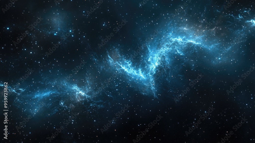 Dark interstellar space depicted in a 3D cartoon rendering Stars illuminate the deep space alongside a blue cold nebula in the dark night sky Dark interstellar space depicted in a 3D cartoon rendering Stars illuminate the deep space alongside a blue cold nebula in the dark night sky