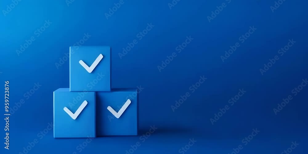 Three blue cubes with check marks on dark blue background representing business performance checklist, focus on task completion, success in evaluation Three blue cubes with check marks on dark blue background representing business performance checklist, focus on task completion, success in evaluation