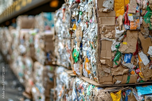 Stacked Cardboard and Paper Recycling Bales