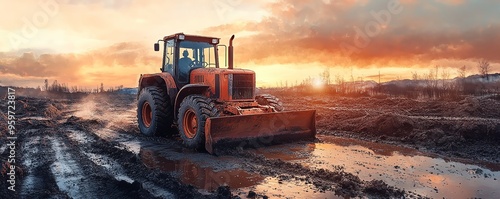 Grader leveling a construction site at dusk, warm evening glow, watercolor style photo