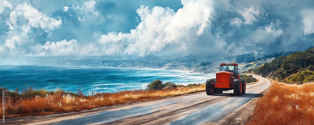 Grader on a coastal road, overlooking the ocean, dramatic seascape, watercolor style Grader on a coastal road, overlooking the ocean, dramatic seascape, watercolor style