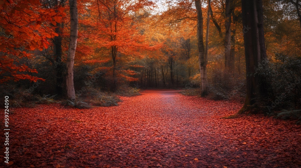 Obraz premium Path through a forest in autumn with red leaves on the ground.
