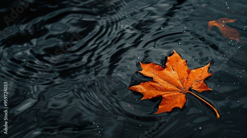 A bright orange leaf stands out against the dark water surface evoking a serene autumn mood