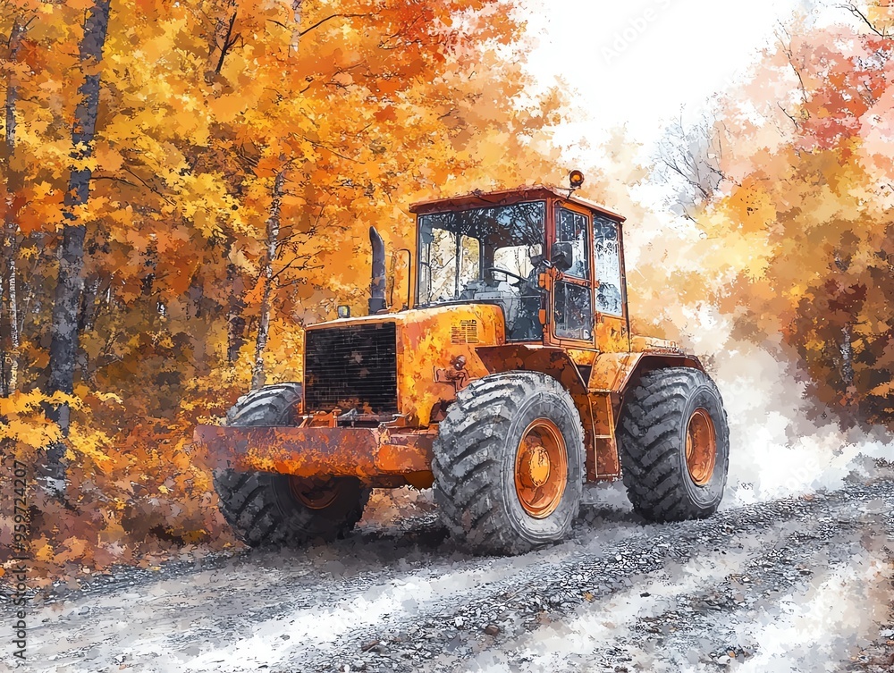 Grader on a gravel road, surrounded by autumn foliage, vibrant colors, watercolor style Grader on a gravel road, surrounded by autumn foliage, vibrant colors, watercolor style