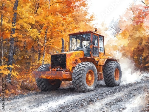 Grader on a gravel road, surrounded by autumn foliage, vibrant colors, watercolor style