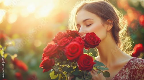 Beautiful young woman is holding and smelling a red rose while closing her eyes enjoying the aroma. #959724285