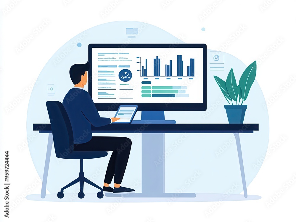 Business professional analyzing data on a computer screen at an office desk. Graphs, charts, and plant in the background. Business professional analyzing data on a computer screen at an office desk. Graphs, charts, and plant in the background.