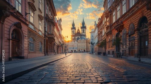 Fototapeta Naklejka Na Ścianę i Meble -  Empty cobblestone street bathed in soft light leading to an ornate historic cathedral at sunset