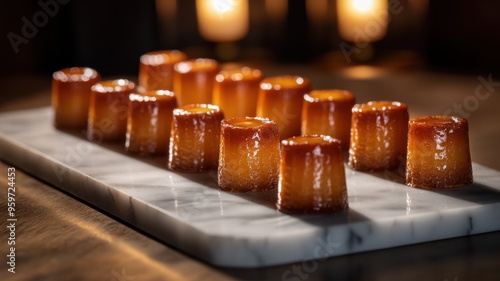 Golden Hour Delights: Canelé, glistening under warm candlelight, arranged on a marble slab, evoke a sense of intimate indulgence and culinary artistry. 