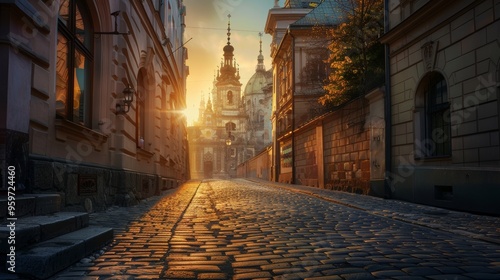 Empty cobblestone street bathed in soft light leading to an ornate historic cathedral at sunset