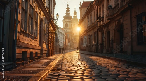 Empty cobblestone street bathed in soft light leading to an ornate historic cathedral at sunset