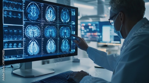 A doctor in an anonymous modern medical research center points at a desktop computer monitor that uses software to visualize a human brain based on an MRI scan. A neurologist searching for brain damag