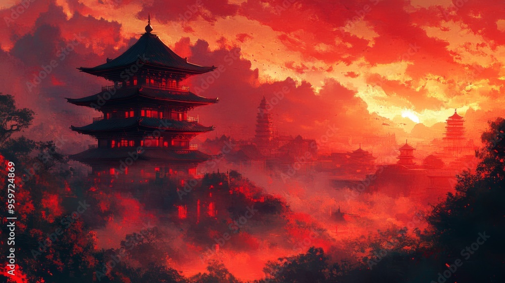 Obraz premium Sunset Over Mystical Pagoda Landscape