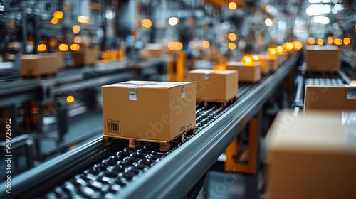 Precision on the Production Line: Cardboard boxes traverse a modern factory's automated conveyor belt, embodying efficient logistics and the flow of goods in the manufacturing process.