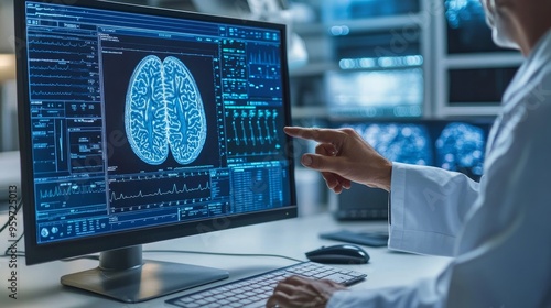 A doctor in an anonymous modern medical research center points at a desktop computer monitor that uses software to visualize a human brain based on an MRI scan. A neurologist searching for brain damag