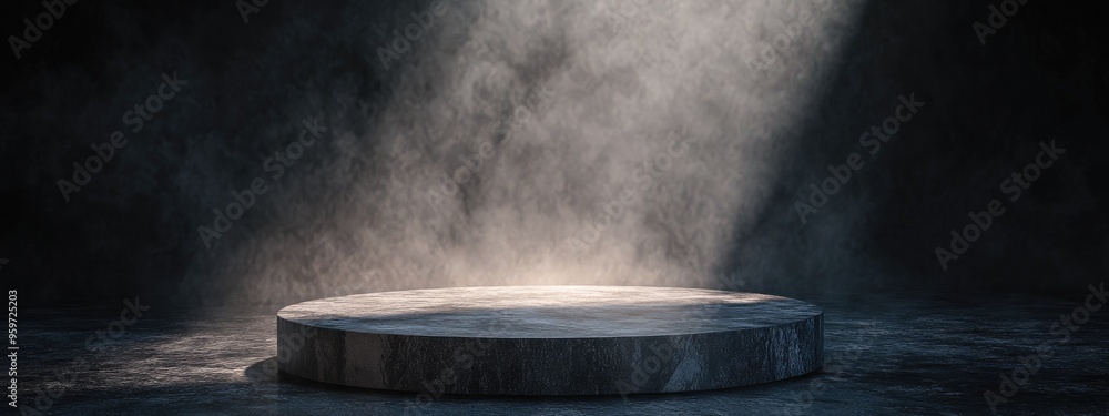 Podium on a textured dark floor with mist featuring a terrazzo pattern and illuminated by ray light 3D render Podium on a textured dark floor with mist featuring a terrazzo pattern and illuminated by ray light 3D render