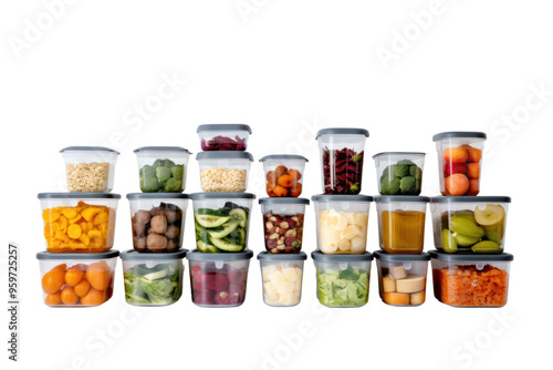 A variety of plastic food storage containers in different shapes and sizes, arranged neatly on a white background