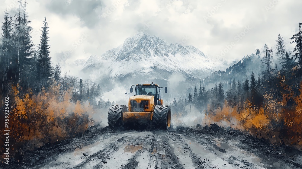 Road roller compacting earth in a remote wilderness, untouched nature, watercolor style Road roller compacting earth in a remote wilderness, untouched nature, watercolor style