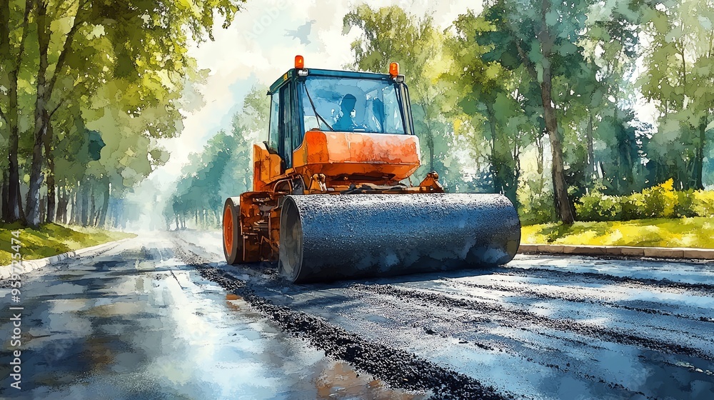 Road roller compacting fresh asphalt in a city park, green surroundings, watercolor style Road roller compacting fresh asphalt in a city park, green surroundings, watercolor style