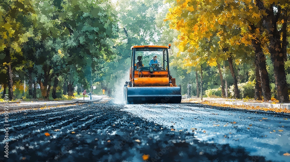 Road roller compacting fresh asphalt in a city park, green surroundings, watercolor style Road roller compacting fresh asphalt in a city park, green surroundings, watercolor style